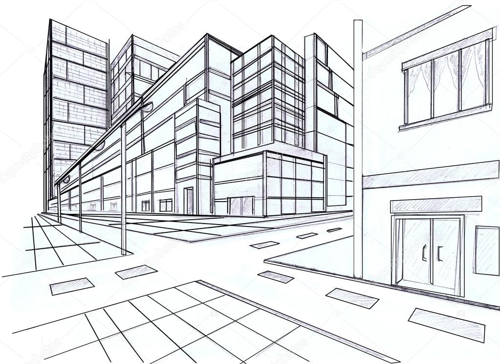 Two point perspective sketching plan of out door building