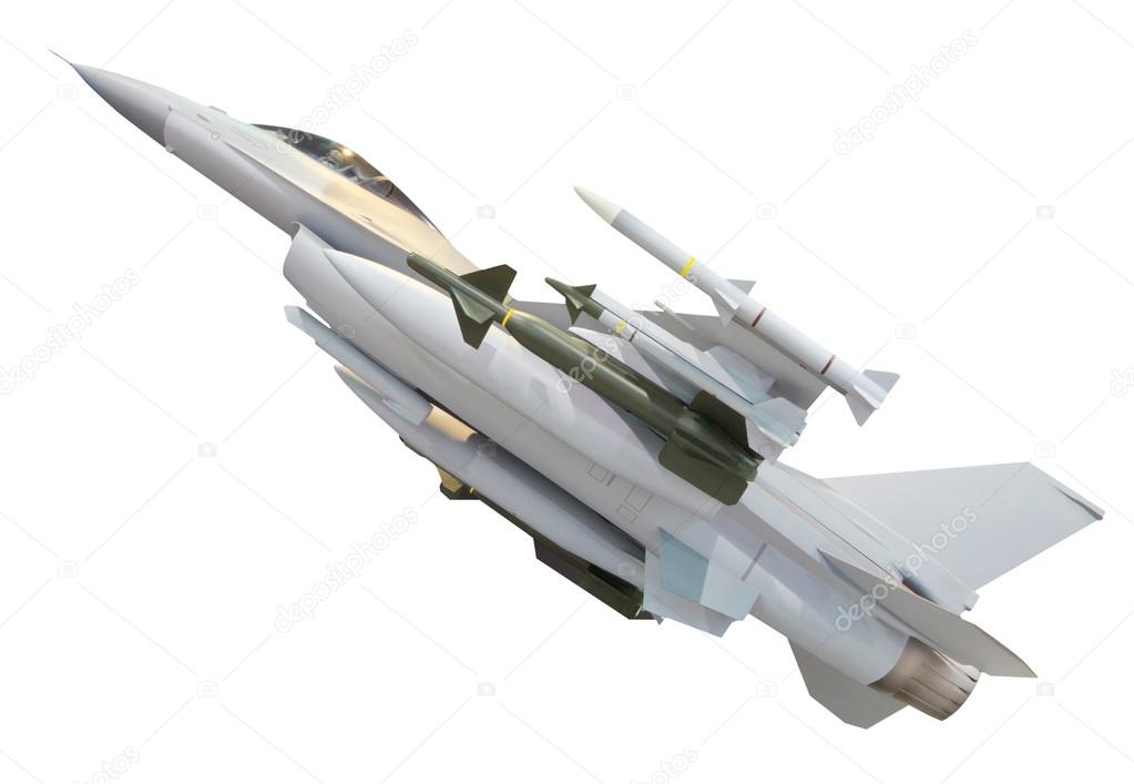 Military jet plane with full weapon missile isolated on white