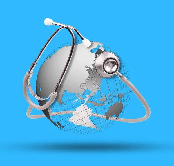 Världen världen och stetoskop använda för friska vård ämne — Stockfoto