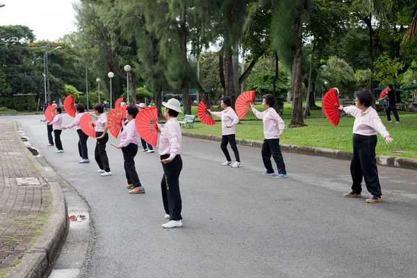 BANGKOK TAILANDIA - 17 de octubre- grupo de anciana bailando con abanico chino para hacer ejercicio en Lumphini parque público corazón de Bangkok en Oct17, 2013 en Bangkok, Tailandia —  Fotos de Stock