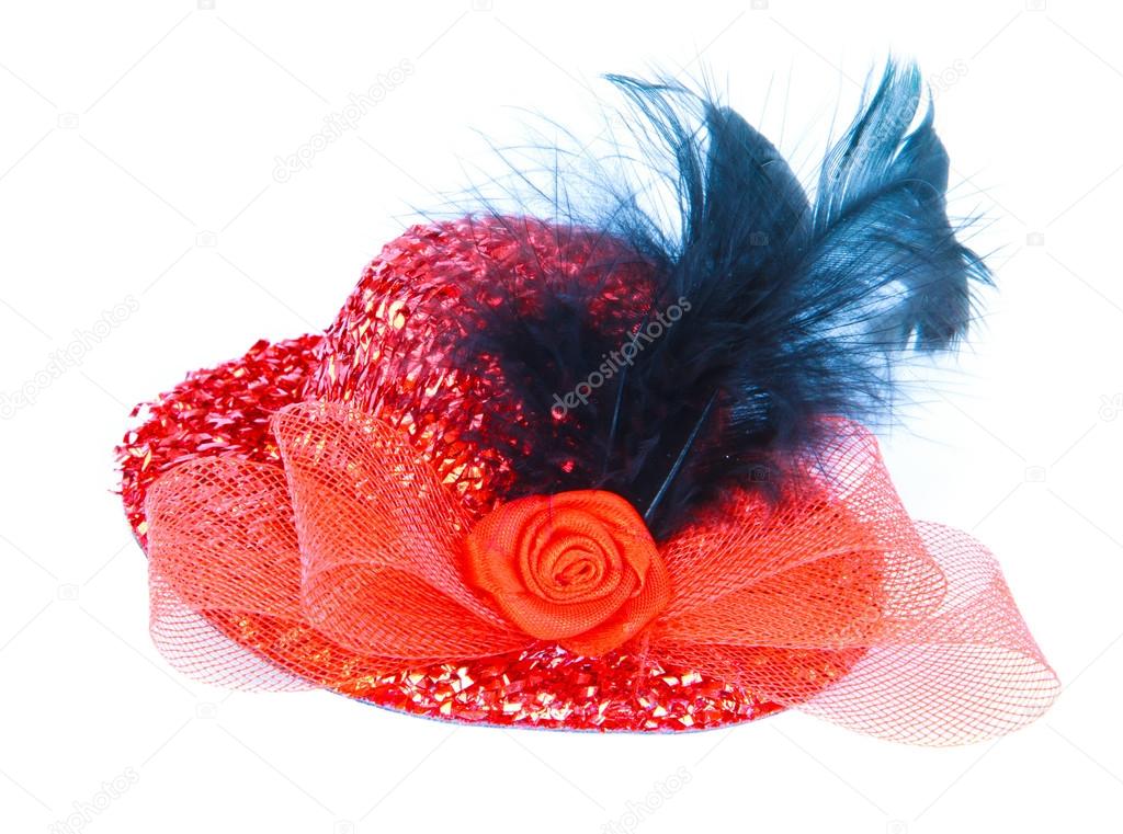 Red hat with red rose and birds feather