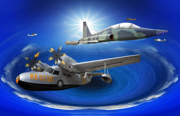 Voando de pode tipo velho avião clássico sobre fantasia oceano azul — Fotografia de Stock
