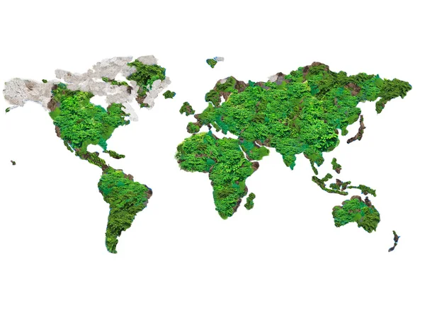 Mapa do mundo por folhas verdes e textura de rocha — Fotografia de Stock