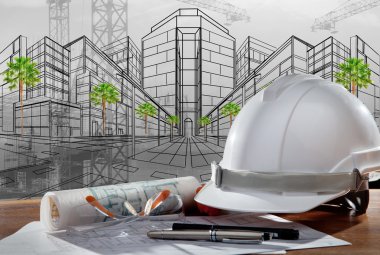 Emniyet kask ve mimar pland günbatımı sahneleri ile ahşap tablo