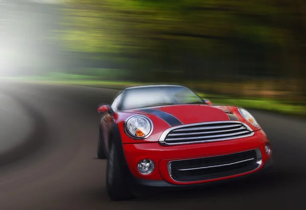 Red passenger car driving on asphalt road in curve ways of mount — Stock Photo, Image