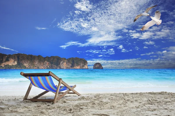 Sedie in legno spiaggia lato mare con bellissimo gabbiano di mare uccelli volare — Foto Stock