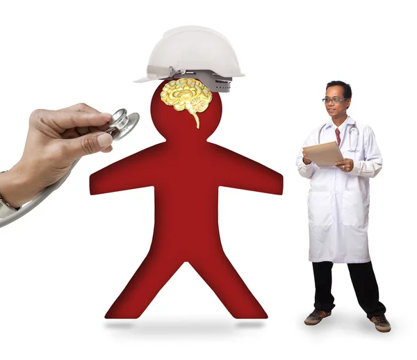 Arzt überprüft menschliche Ikone mit Schutzhelm schützen smart b — Stockfoto