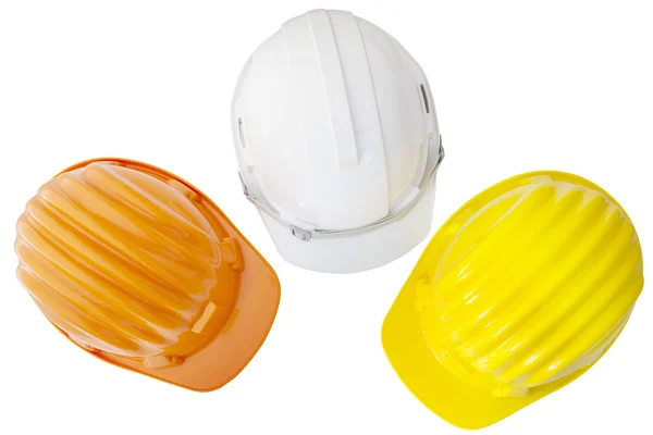 Bovenaanzicht van multicolor safetyt, bouw, bescherming helm — Stockfoto