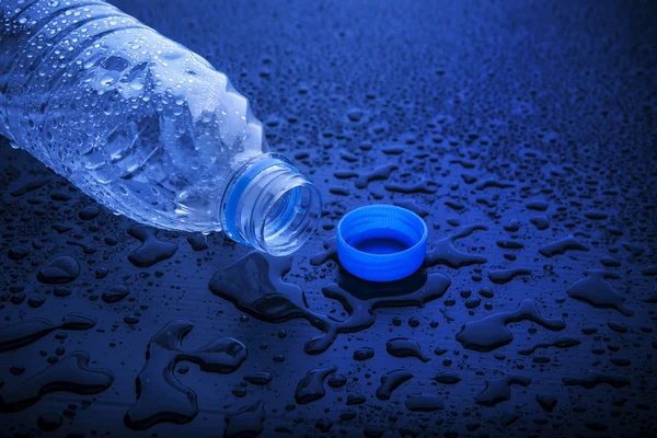 Otevřete víko prázdná plastová láhev ležící na tmavé vlhké podlaze — Stock fotografie