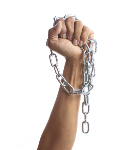 Mão segurar duro brilhante metal cadeia isolada no fundo branco — Fotografia de Stock