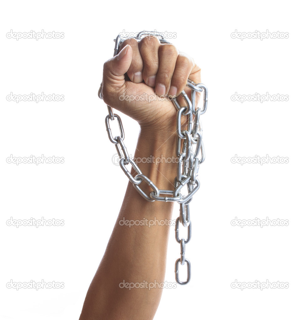 Hand hold hard shiny metal chain isolated on white background