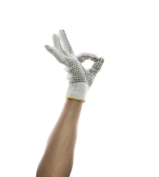Mano masculina usando ropa mano guante signo O.K. uso para construir —  Fotos de Stock