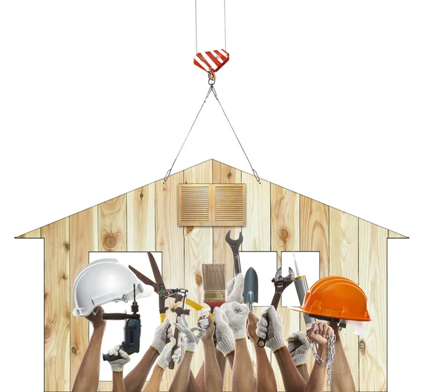 Home and hand rising diy tool equipment against wood house use f — Stock Photo, Image