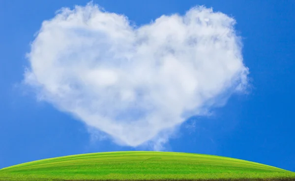Grönt gräs fältet mot blå himmel och vita moln hjärta form användning för natur bakgrund bakgrund kopia utrymme — Stockfoto