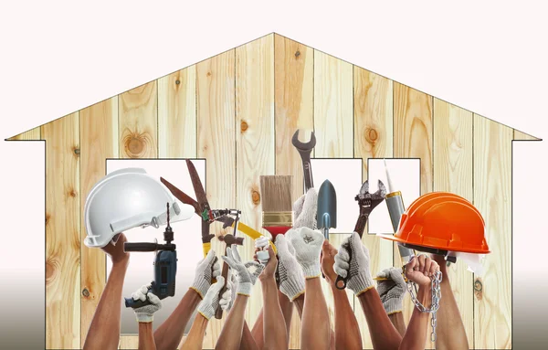 Home and hand rising diy tool equipment against wood house use f — Stock Photo, Image