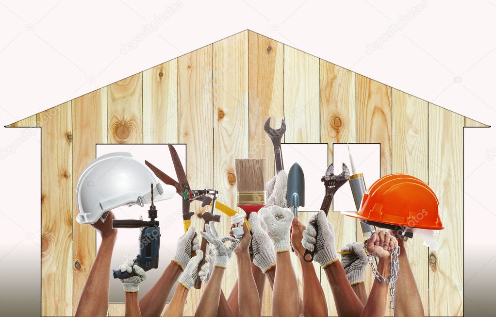 home and hand rising diy tool equipment against wood house use f