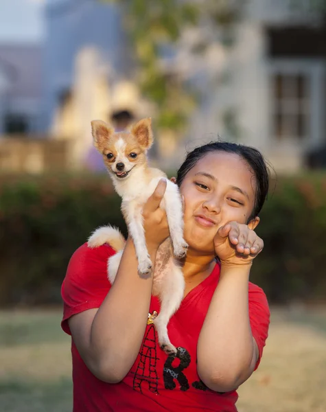 Girl and pomeranian dog playing in park — Stock Photo, Image