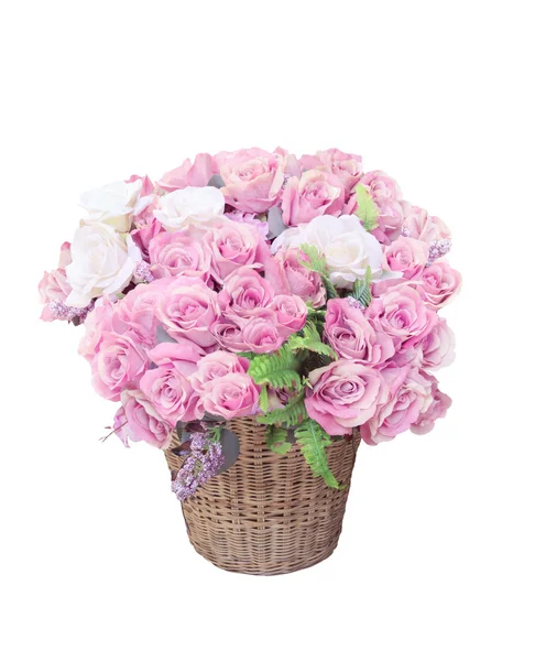 Pink roses flowers bouquet arrangement in bamboo basket for deco — Stock Photo, Image