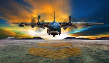 Military plane landing on airforce runways against beautiful dus clipart