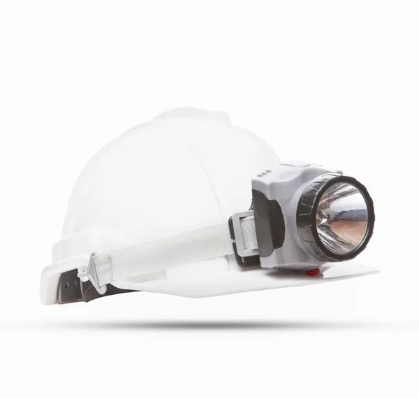 Casco di sicurezza minerario bianco con luce lampada sfondo isolato — Foto Stock