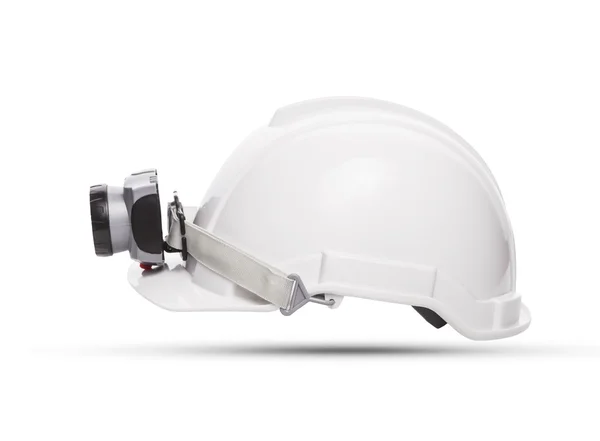 Vue latérale du casque de sécurité minier blanc avec lampe lumineuse isolée — Photo