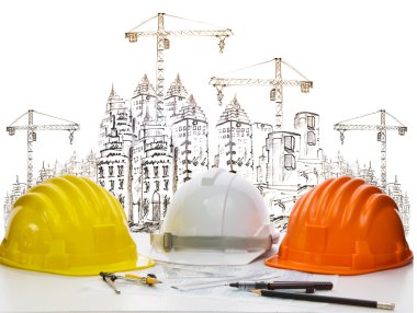 mühendis çalışma tablosu Yapı İnşaat ve yüksek vinç çizimi karşı güvenlik kask