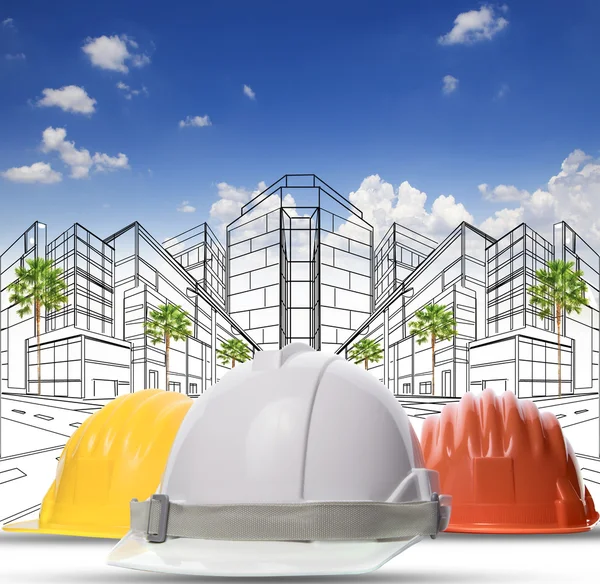 Drie kleur van veiligheid bouw beschermende helm op witte ba — Stockfoto