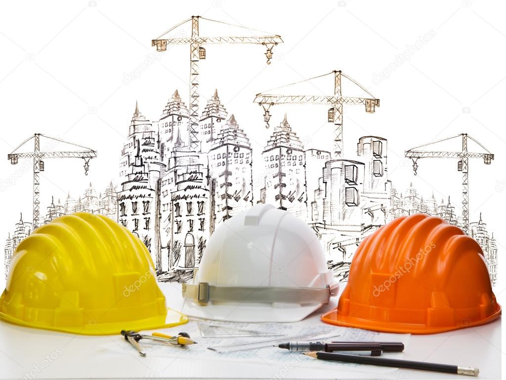 Schutzhelm Auf Ingenieurarbeitstisch Gegen Skizzieren Von Bauund