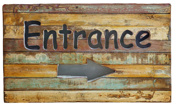 Ingresso banner in legno su vecchio pannello in legno in stile retrò e vintage — Foto Stock