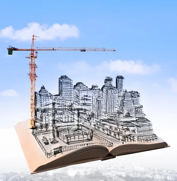 Sketching of building construction on flying book over urban sce — Stock Photo, Image