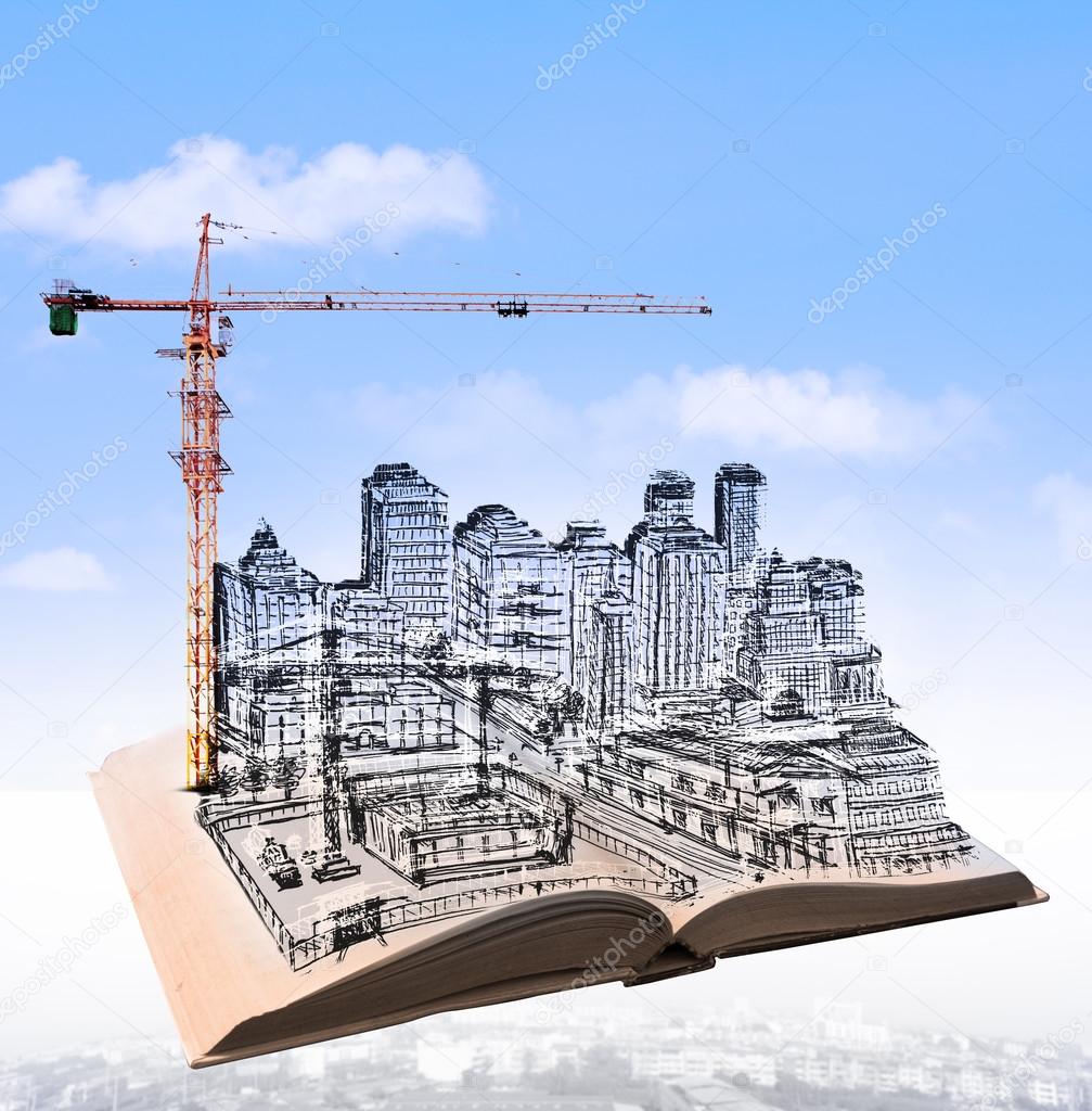 Sketching of building construction on flying book over urban sce