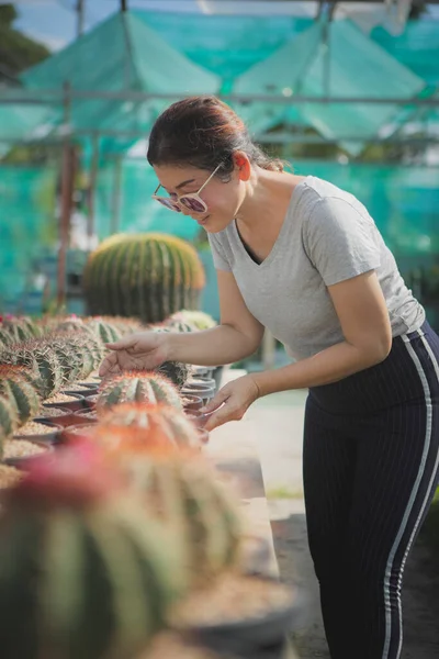 Asiatique Femme Prendre Soin Plantation Pot Dans Cactus Jardin — Photo