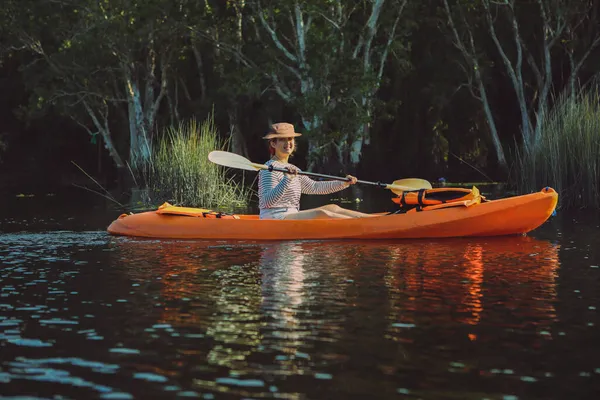 Woman Sailing Sea Kayak Mangrove Forest Canal — Stock Photo, Image