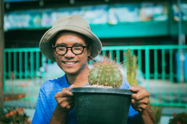 Asyalı adam kabın içinde melocactus yetiştiriyor. 