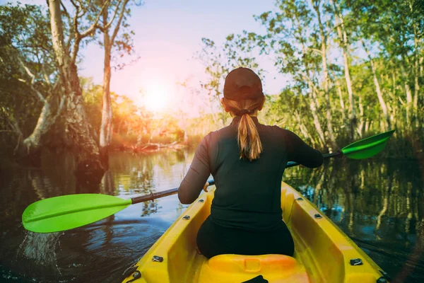 美しい太陽の光に対してマングローブ林でカヤックを航海する女性 — ストック写真