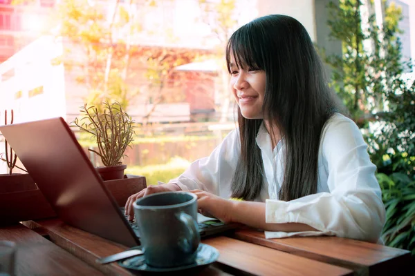 Asian Teenager Working Laptop Home Living Terrace — Stock Photo, Image