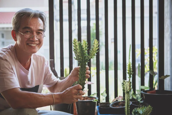 Asiatischer Mann Mit Zahm Lächelndem Gesicht Und Euphoriepflanzung Der Hand — Stockfoto