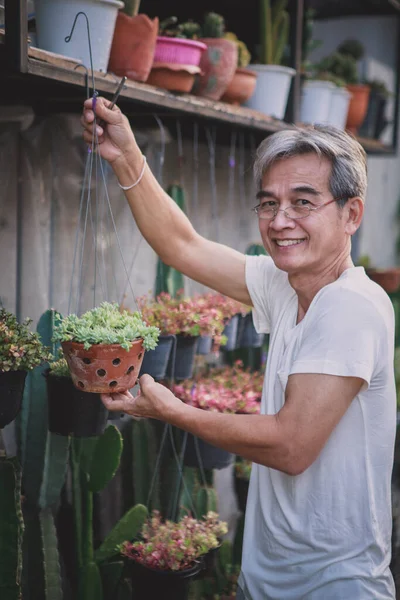 Asyalı Elinde Saksı Dişlek Mutlu Bir Gülümsemeyle Bahçesinde — Stok fotoğraf