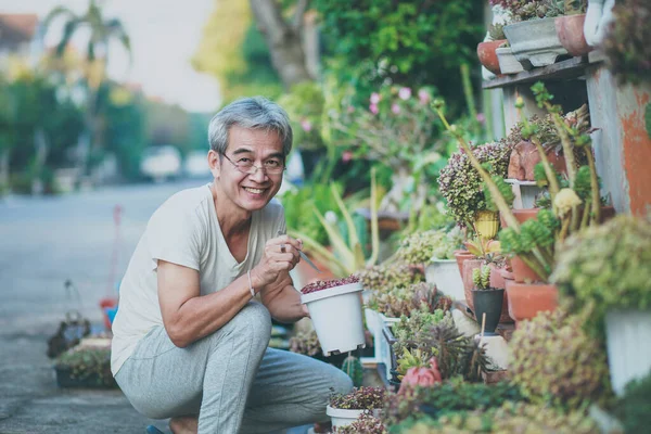 Ασιάτης Γέρος Που Φροντίζει Φυτά Του Σπιτιού Στον Κήπο Του — Φωτογραφία Αρχείου