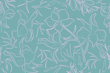 Seamless Pattern made of Larkspur Branches, Flowers and leaves. Hand Drawn, Contour only. Pink Larkspur Isolated on Blue Background. Ideal for magazines, Recipe books, Posters, Cards, Menu covers etc.