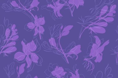 Seamless pattern with lilac Field Larkspur silhouettes blossoming on the purple background. Loose light outlines around hand-drawn flowers. EPS10 Vector Illustration.