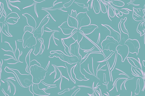 Seamless Pattern Made Larkspur Branches Flowers Leaves Hand Drawn Contour — Stok Vektör