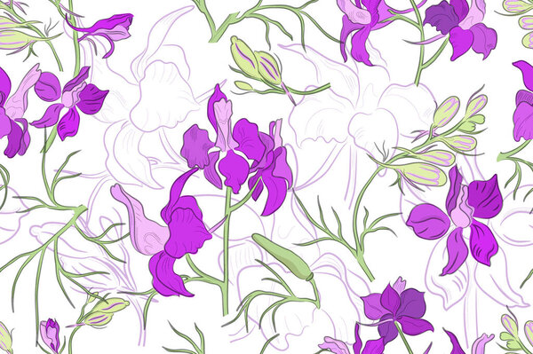 Seamless vector floral pattern with coloured Forking Larkspur. Big pink Larkspur contour on the white background and colourful Consolida parts. Seamless pattern for prints and web usage.