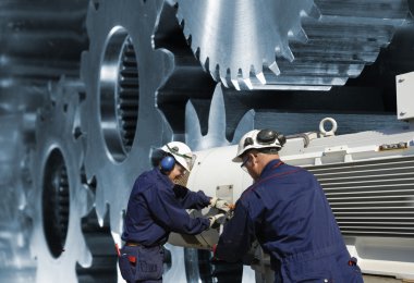 Steel engineers working a gears machinery clipart