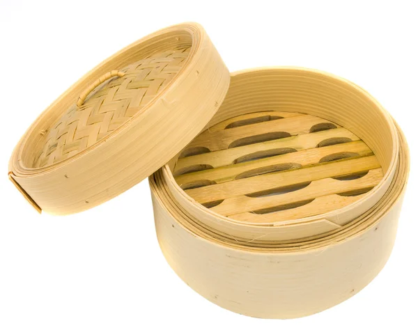 Empty Bamboo Steamer isolated on white background, dim sum conta — Stock Photo, Image