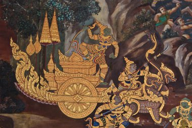 bangkok, Tayland, tapınak duvarında geleneksel Tay tarzı resim sanatının şaheser