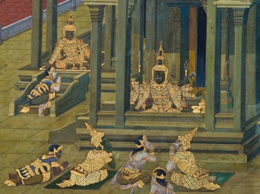 bangkok, Tayland, tapınak duvarında geleneksel Tay tarzı resim sanatının şaheser