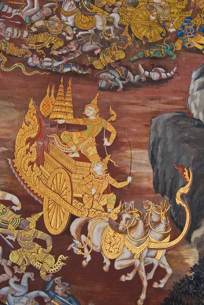 Obra maestra de arte tradicional de pintura de estilo tailandés en la pared del templo en Bangkok, Tailandia —  Fotos de Stock