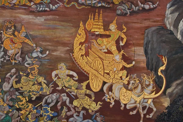 Mistrovské umění tradiční thajské stylu malby na zdi chrámu v bangkok, Thajsko — Stock fotografie
