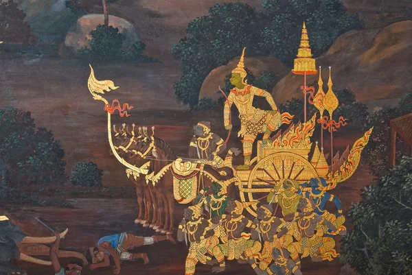 Αριστούργημα της παραδοσιακό ταϊλανδέζικο στιλ τέχνης Ζωγραφική σε τοίχο του ναού στη Μπανγκόκ, Ταϊλάνδη — Φωτογραφία Αρχείου